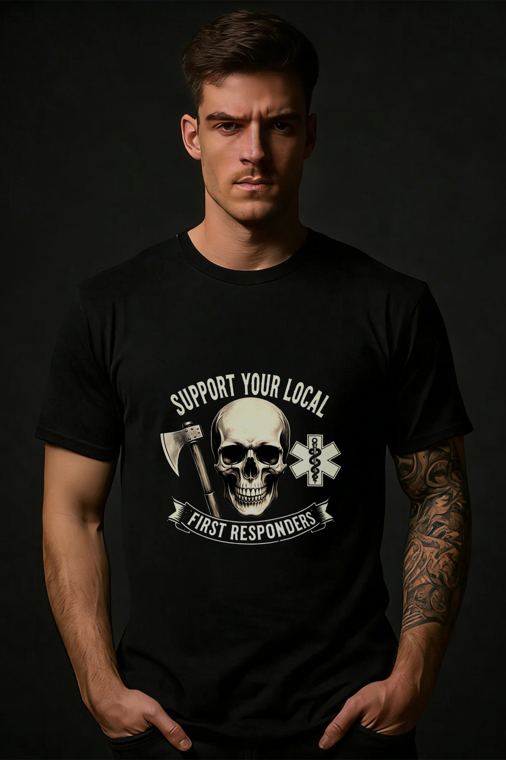 Casual Style Men's T-Shirt With Skull And First Responder Symbols Support Your Local First Responders Graphic Design For Everyday Wear And Seasonal Use Ideal Gift For Firefighters Paramedics And Emergency Workers