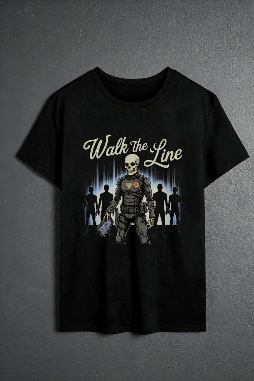 Graphic Design Men's T-Shirt Walk The Line Skeleton Warrior With Silhouettes And Text Black Background Summer Casual Wear For Fans Of Dark Art And Sci Fi Themes Gift For Him Or Friend Who Loves Unique Streetwear Styles