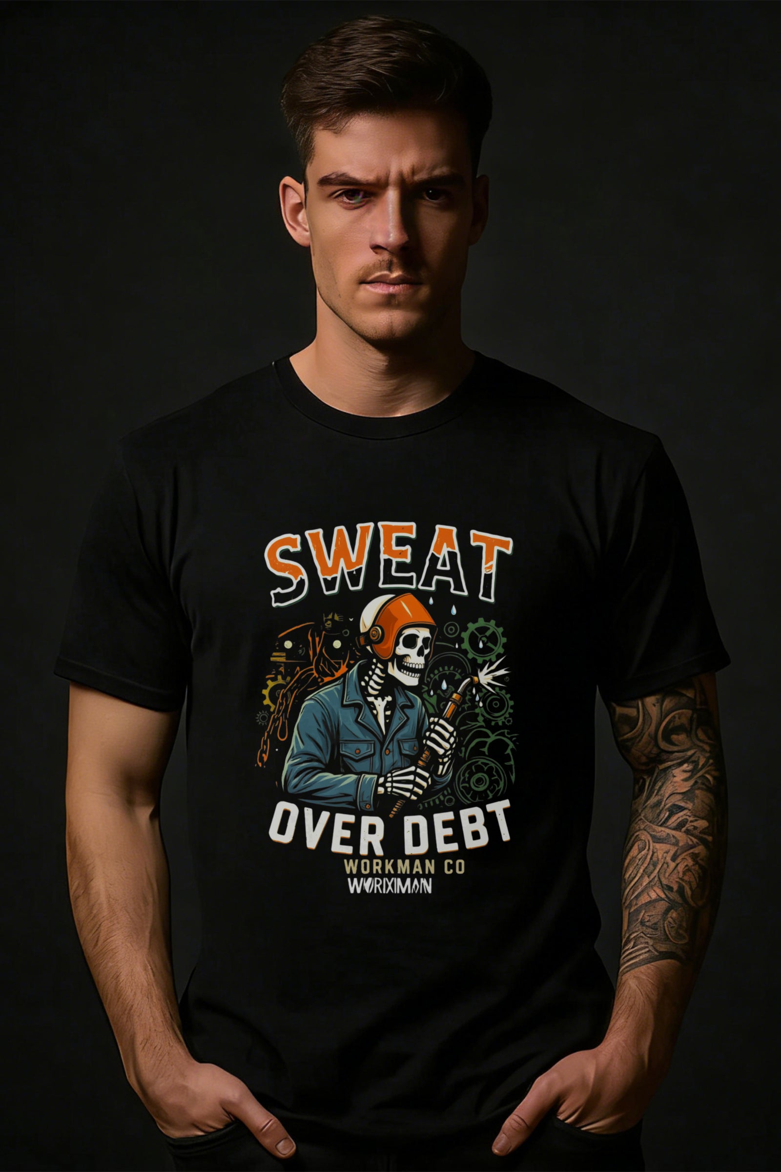 Casual Streetwear Style Men's T-Shirt With Skeleton Mechanic And Industrial Gear Design Sweat Over Debt Text Workman Co Branding For Everyday Wear In Spring And Fall Ideal Gift For Him