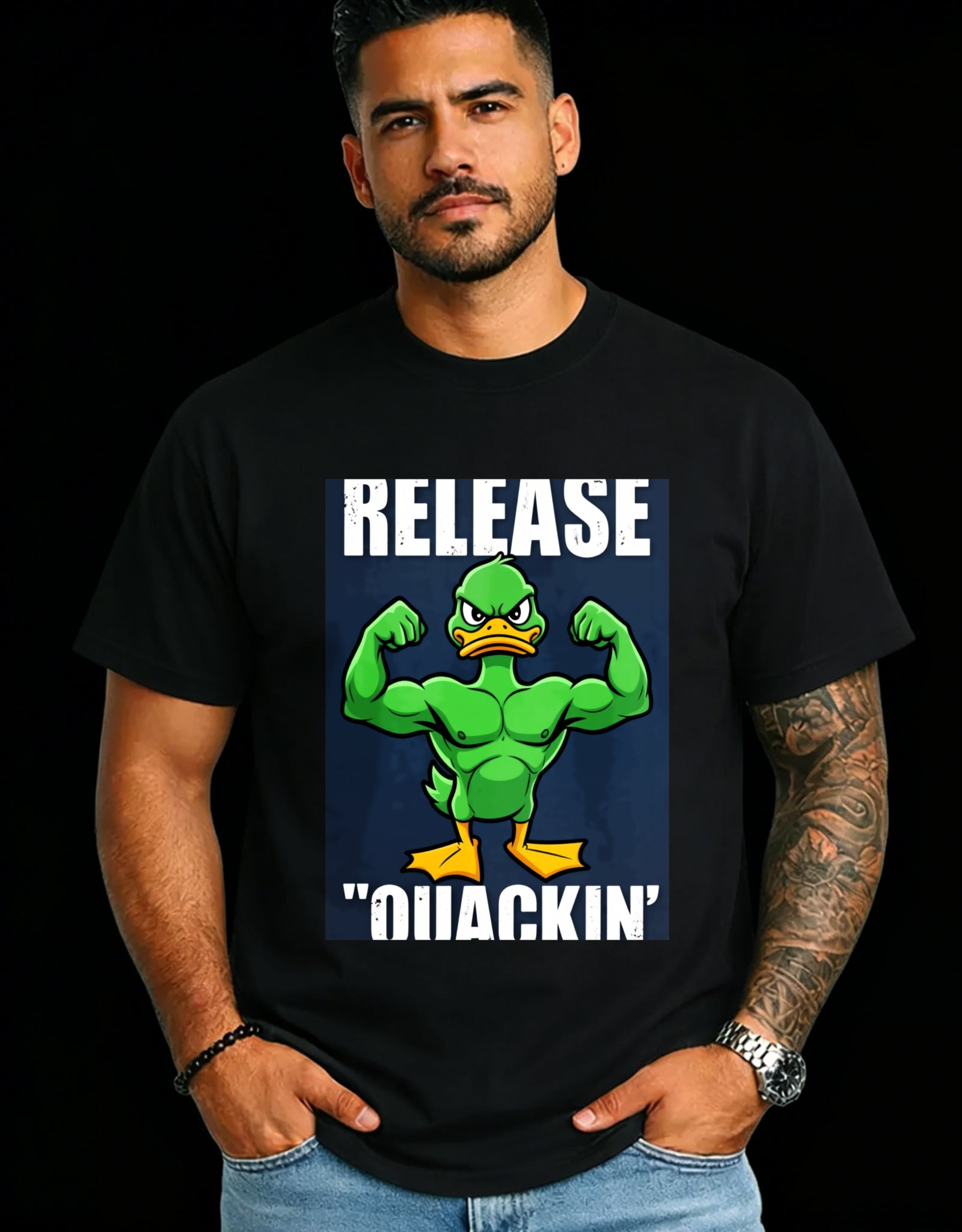 Casual Style Men's T-Shirt Duck Character With Muscular Body And Text Release Quackin Summer Wear For Fun Lovers And Cartoon Fans Perfect Gift For Friends And Family