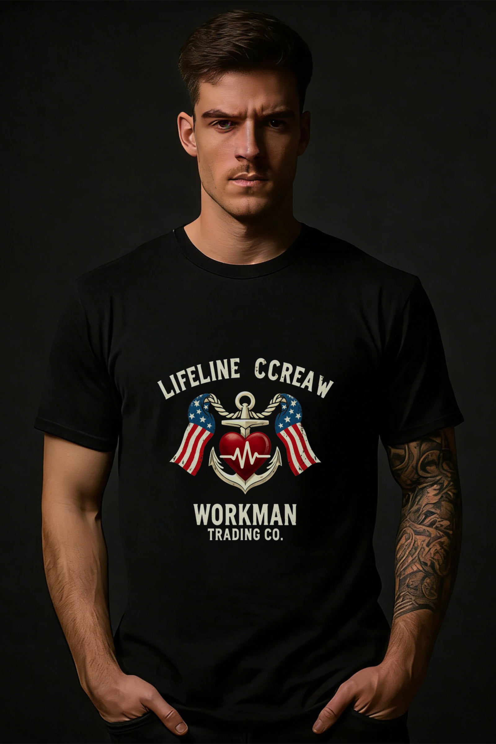 Casual American Flag And Anchor Design Men's T-Shirt Lifeline Ccreaw Workman Trading Co Graphic Tee For Everyday Wear Summer And Fall Gift For Him