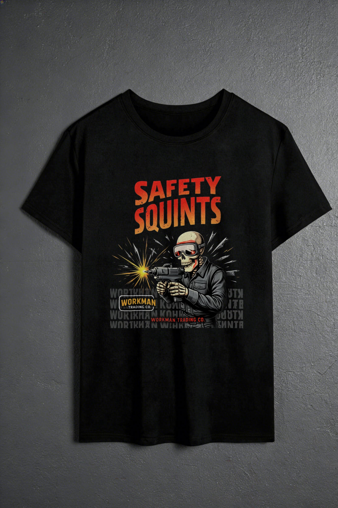 Casual Graphic Men's T-Shirt Safety Squints Skull With Gun And Text Workman Trading Co Summer Wear For Men Gift For Him