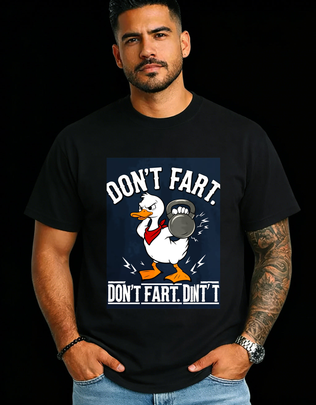 Casual Humor Men's T-Shirt Duck With Kettlebell Don't Fart Dint T Graphic Design For Everyday Wear And Gym Outfits Perfect Gift For Fitness Enthusiasts And Comedy Lovers
