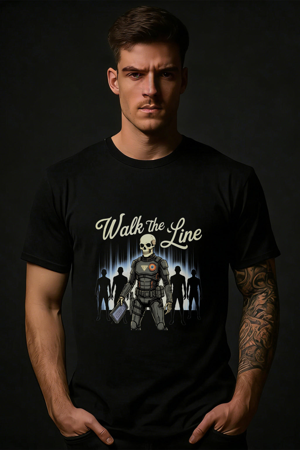 Graphic Design Men's T-Shirt Walk The Line Skeleton Warrior With Silhouettes And Text Black Background Summer Casual Wear For Fans Of Dark Art And Sci Fi Themes Gift For Him Or Friend Who Loves Unique Streetwear Styles
