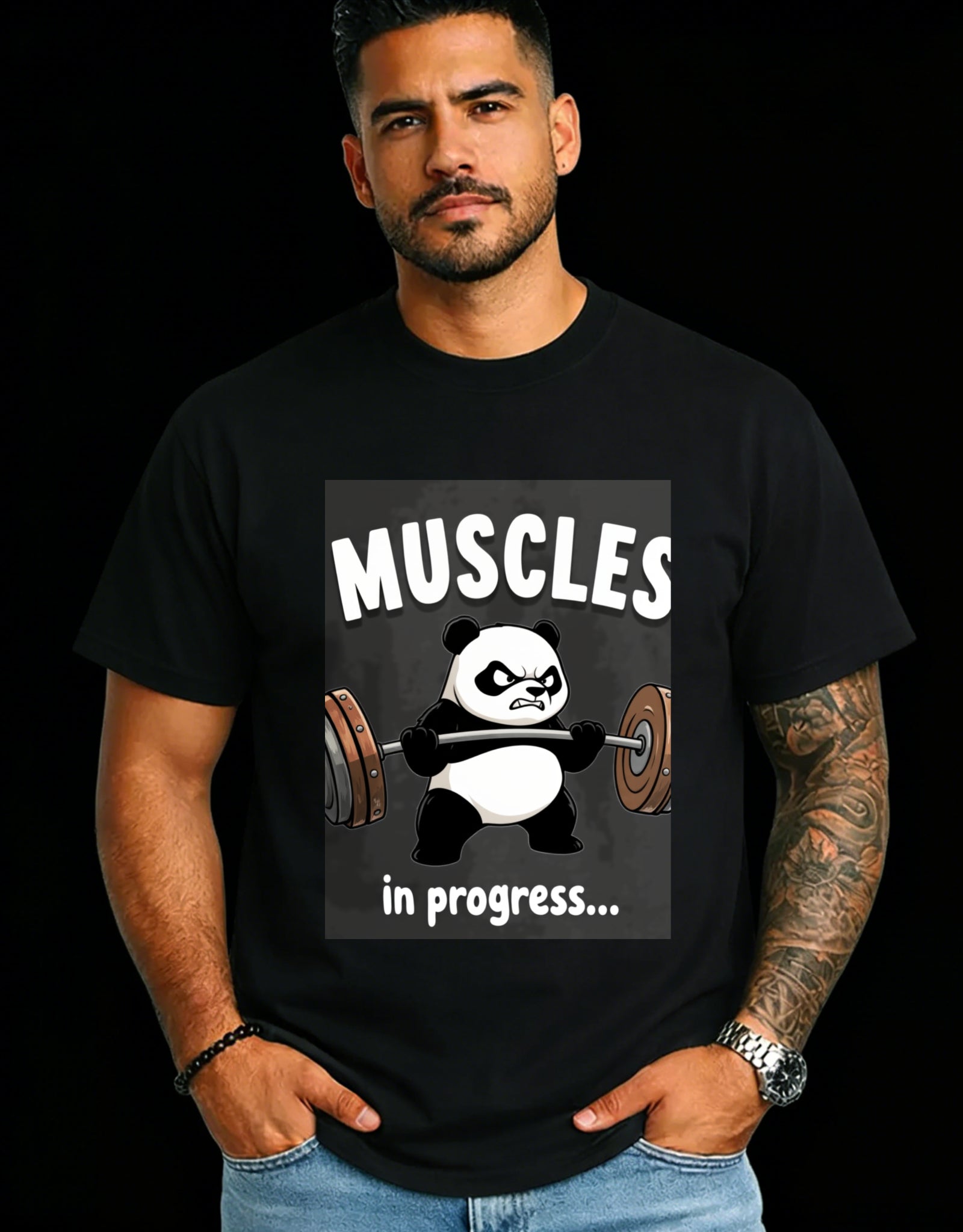 Casual Style Men's T-Shirt Panda Lifting Weights Muscles In Progress Graphic Design Summer Wear Gift For Fitness Enthusiasts And Gym Lovers
