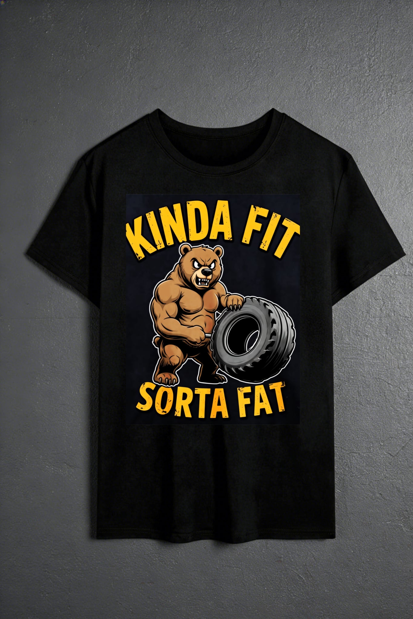 Casual Style Men's T-Shirt Kinda Fit Sorta Fat Bear With Tire Graphic Summer And Fall Wear Gift For Fitness Enthusiasts And Humor Lovers
