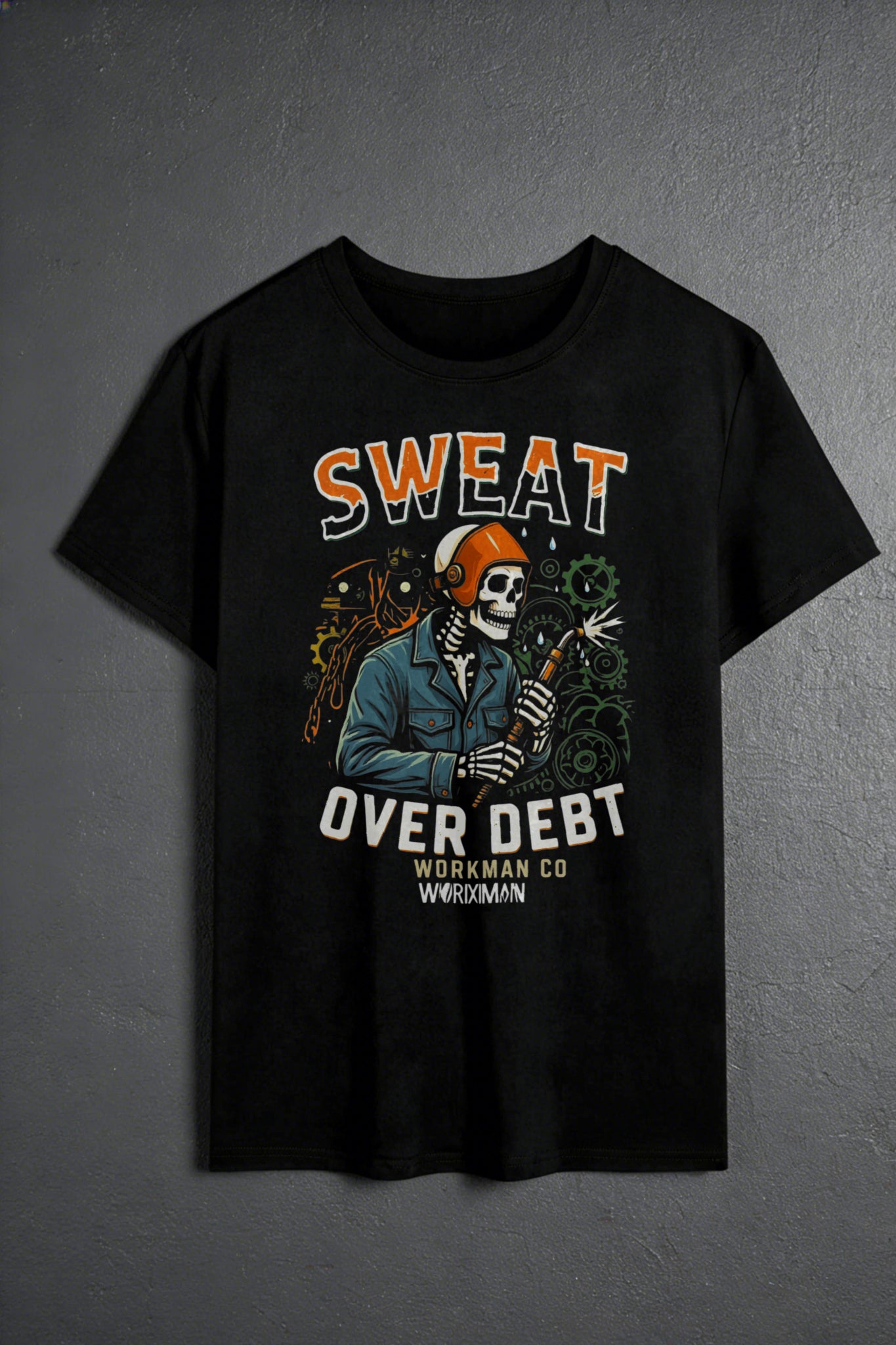 Casual Streetwear Style Men's T-Shirt With Skeleton Mechanic And Industrial Gear Design Sweat Over Debt Text Workman Co Branding For Everyday Wear In Spring And Fall Ideal Gift For Him