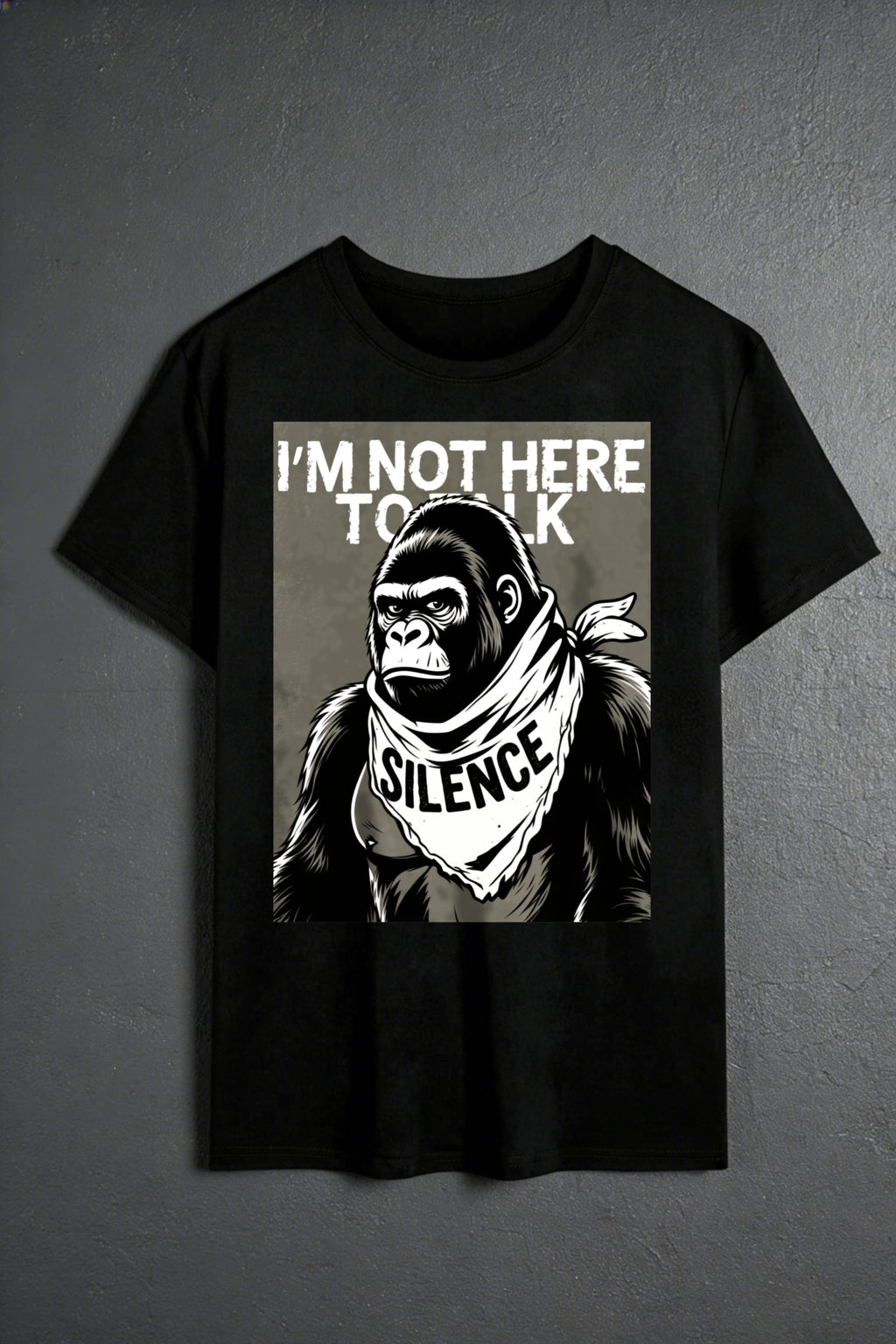 Casual Streetwear Style Men's T-Shirt Featuring A Monkey With Bandana And Text I'M NOT HERE TO TALK SILENCE Graphic Design Perfect For Everyday Wear In Spring And Summer Ideal Gift For Him Who Loves Bold Statements And Unique Fashion