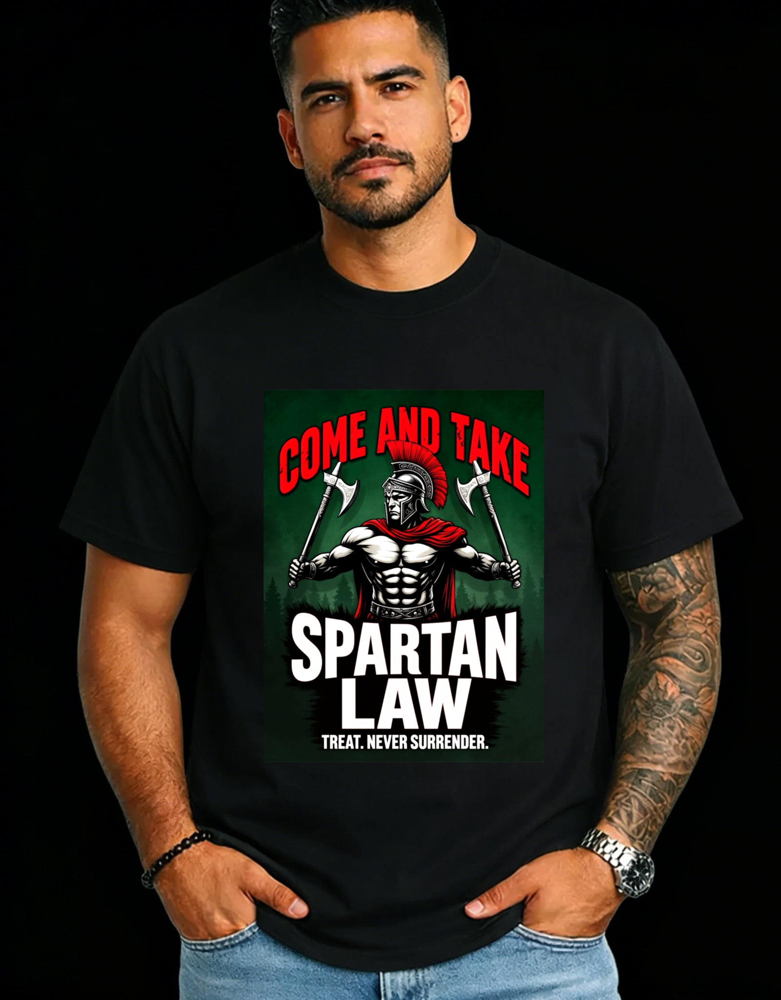Casual Style Men's T-Shirt With Spartans Warrior Graphic And Bold Text Come And Take Sparta Law Treat Never Surrender Design For Everyday Wear And Gym Activities Perfect Gift For Fitness Enthusiasts And History Lovers
