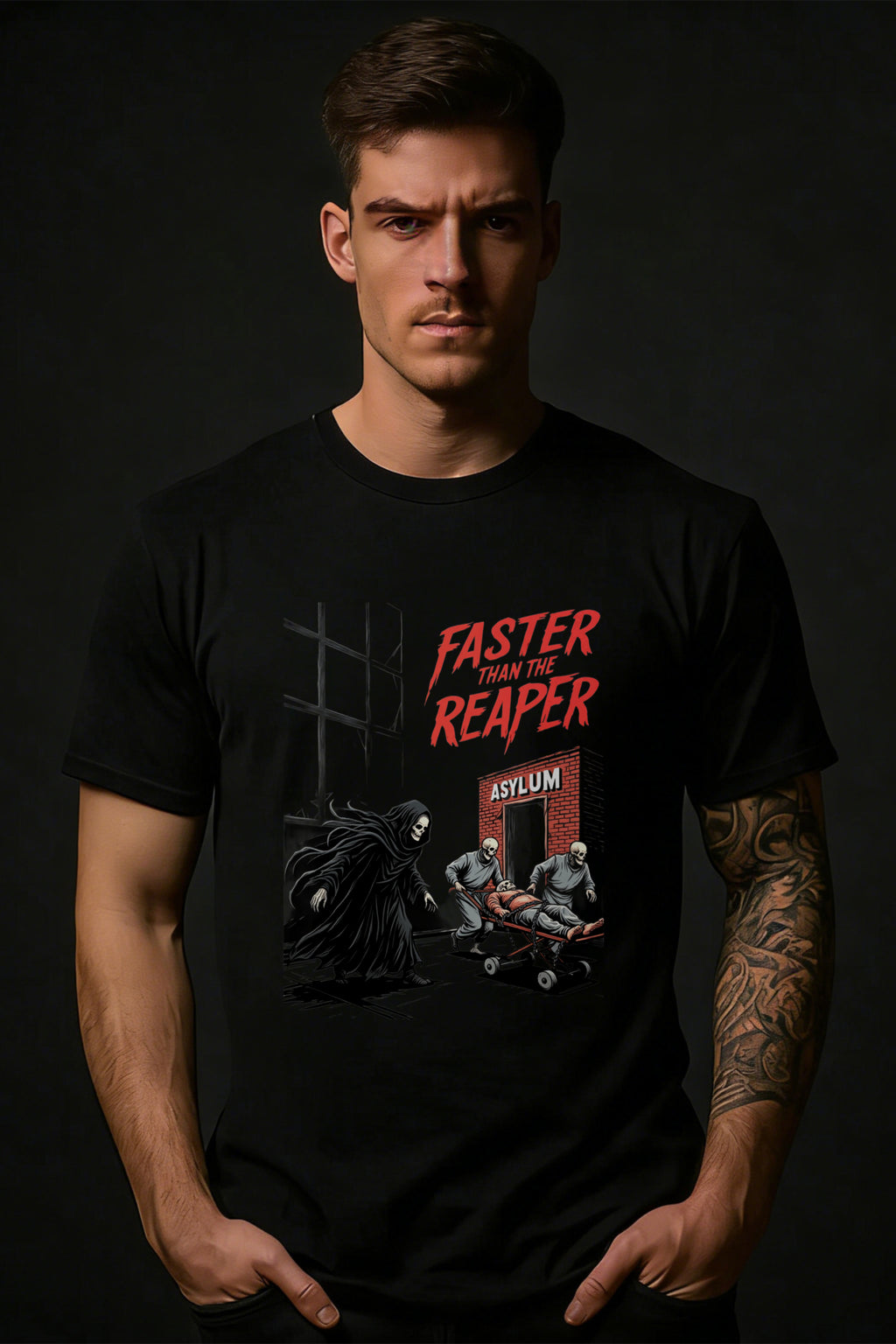 Gothic Horror Style Men's T-Shirt With Reaper And Asylum Scene Graphic Design For Casual Wear In Autumn And Winter Seasons Ideal Gift For Halloween Fans And Dark Art Enthusiasts