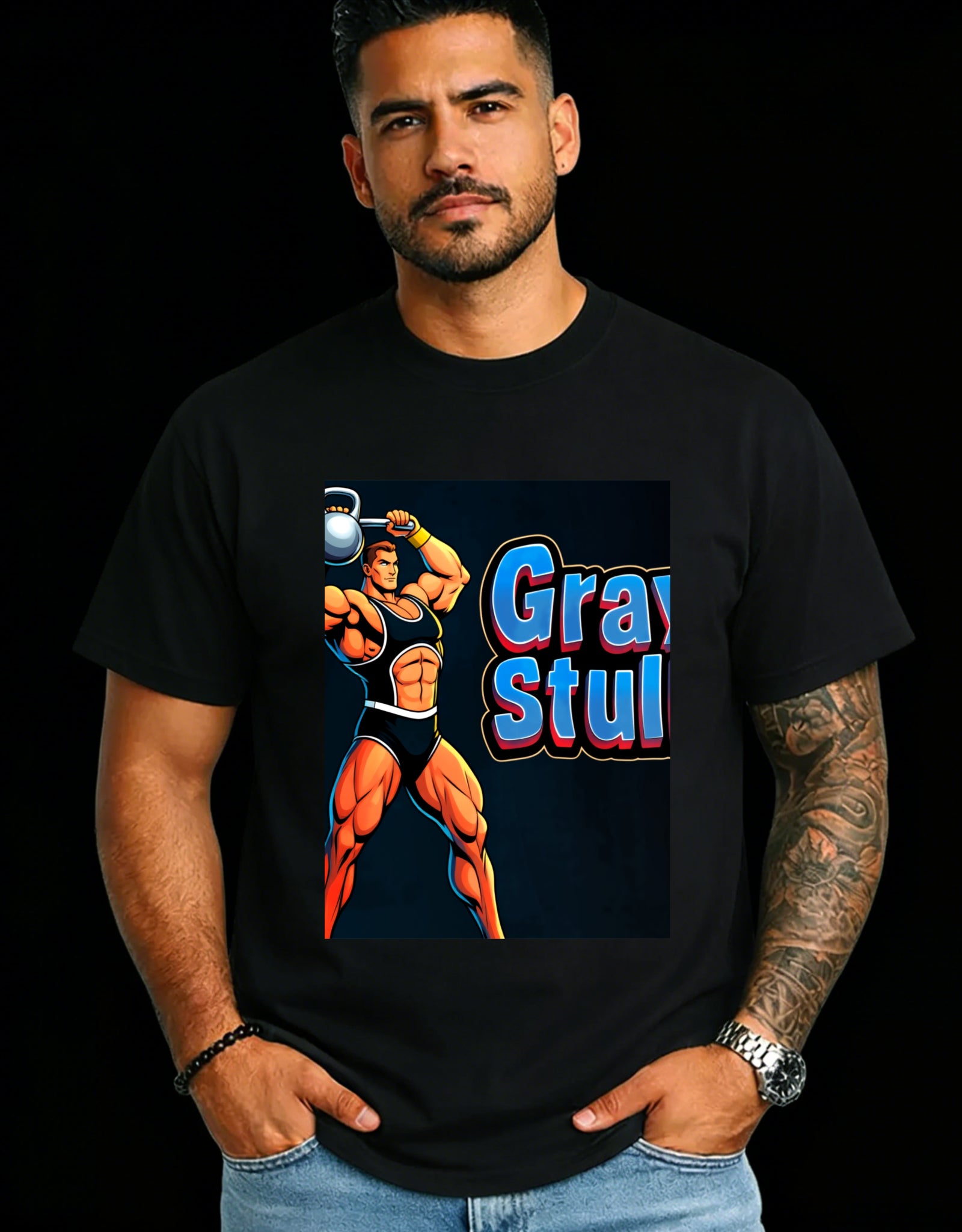 Casual Style Men's T-Shirt Graphic Muscle Man With Kettlebell And Text Gray Stuff Summer Wear For Fitness Enthusiasts Gift For Gym Lovers