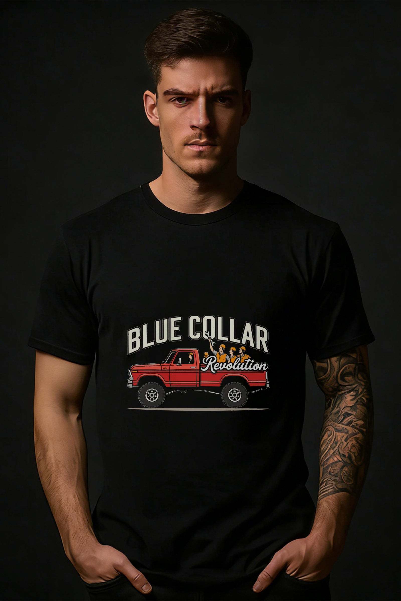 Casual Style Men's T-Shirt Blue Collar Revolution Graphic Red Truck Design For Everyday Wear And Outdoor Activities Perfect Gift For Him