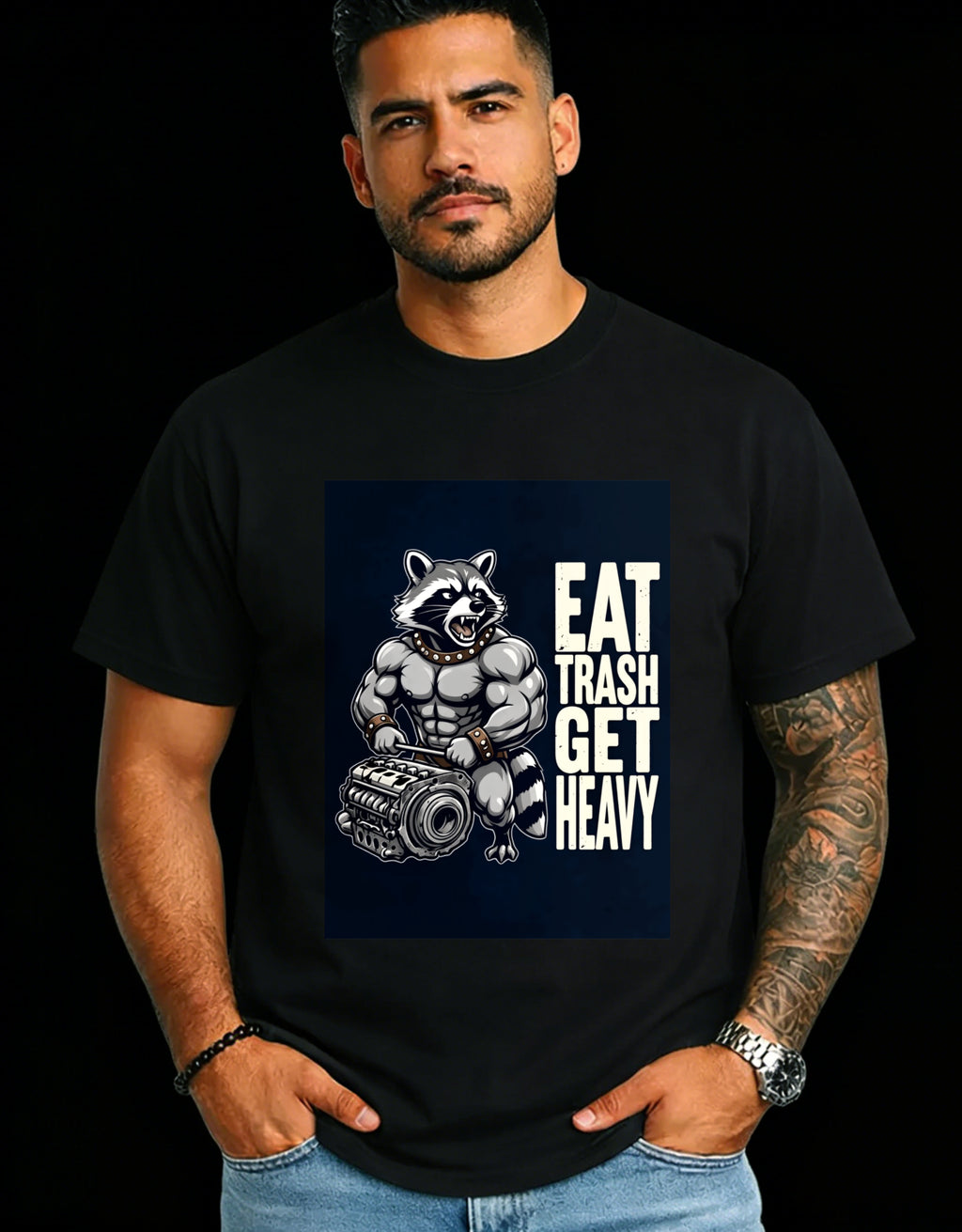 Casual Style Men's T-Shirt With Raccoon Gym Motif Eat Trash Get Heavy Graphic For Fitness Enthusiasts Summer And Fall Wear Ideal Gift For Fitness Lovers And Bodybuilders
