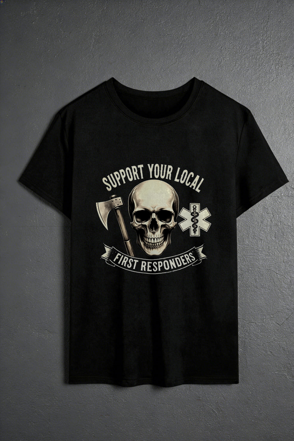 Casual Style Men's T-Shirt With Skull And First Responder Symbols Support Your Local First Responders Graphic Design For Everyday Wear And Seasonal Use Ideal Gift For Firefighters Paramedics And Emergency Workers