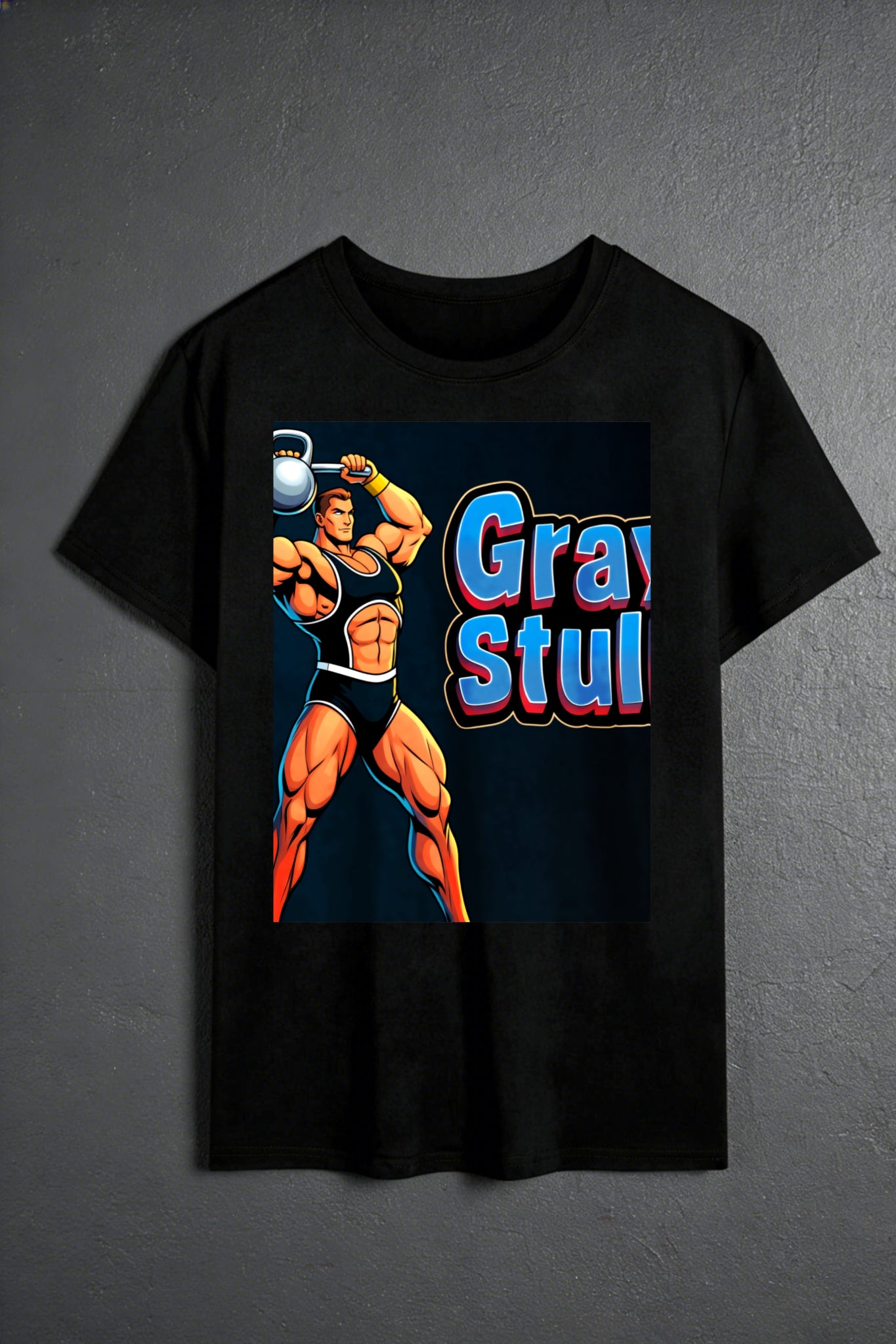 Casual Style Men's T-Shirt Graphic Muscle Man With Kettlebell And Text Gray Stuff Summer Wear For Fitness Enthusiasts Gift For Gym Lovers