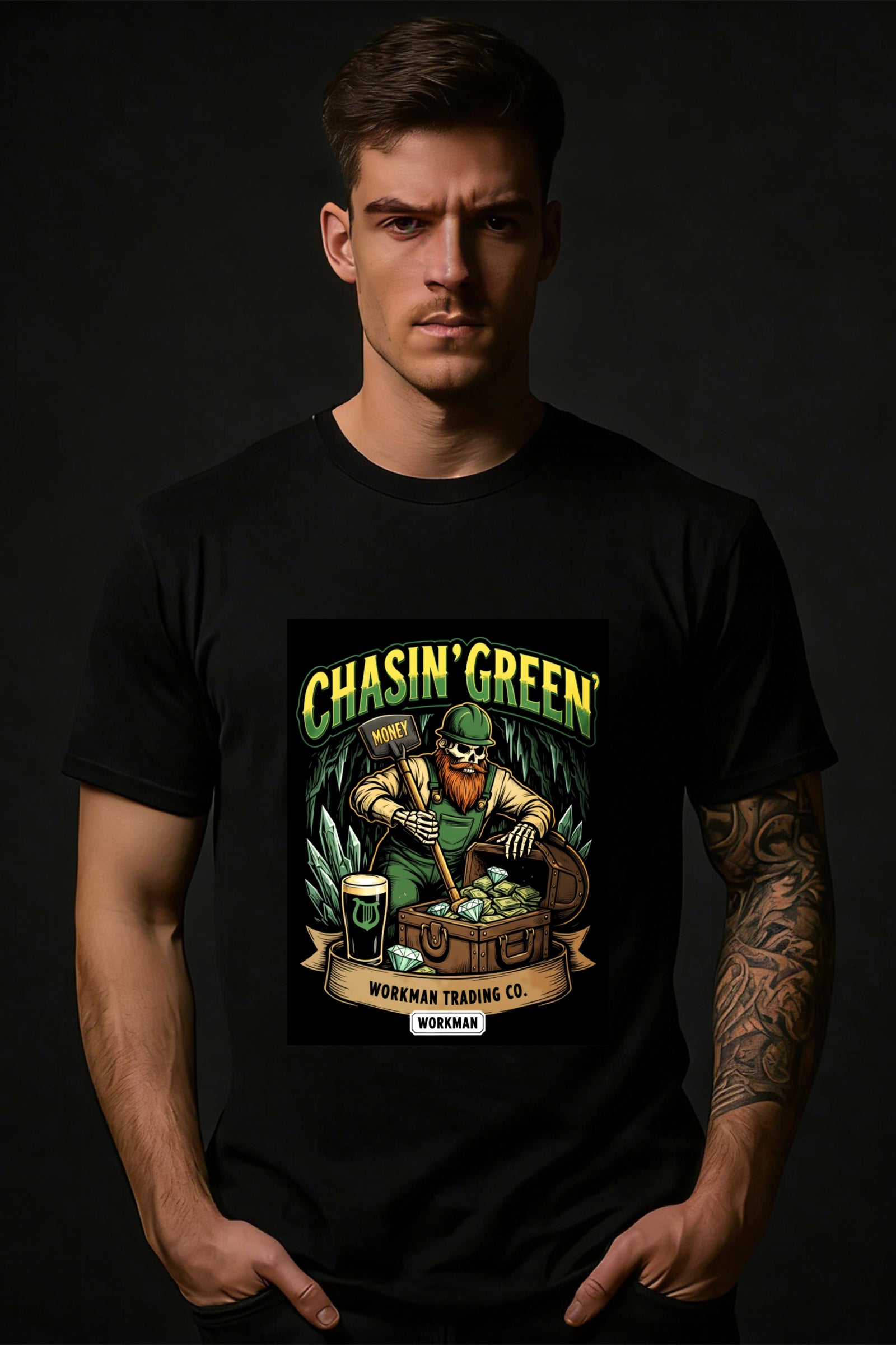 Casual Style Men's T-Shirt Chasin Green Leprechaun With Money And Treasure Chest Design For St Patrick's Day And Everyday Wear Gift For Him