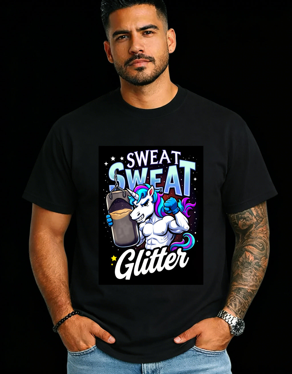 Casual Fashion Men's T-Shirt Unicorn Sweat Glitter Fitness Motivation Summer Wear Gift For Gym Enthusiasts