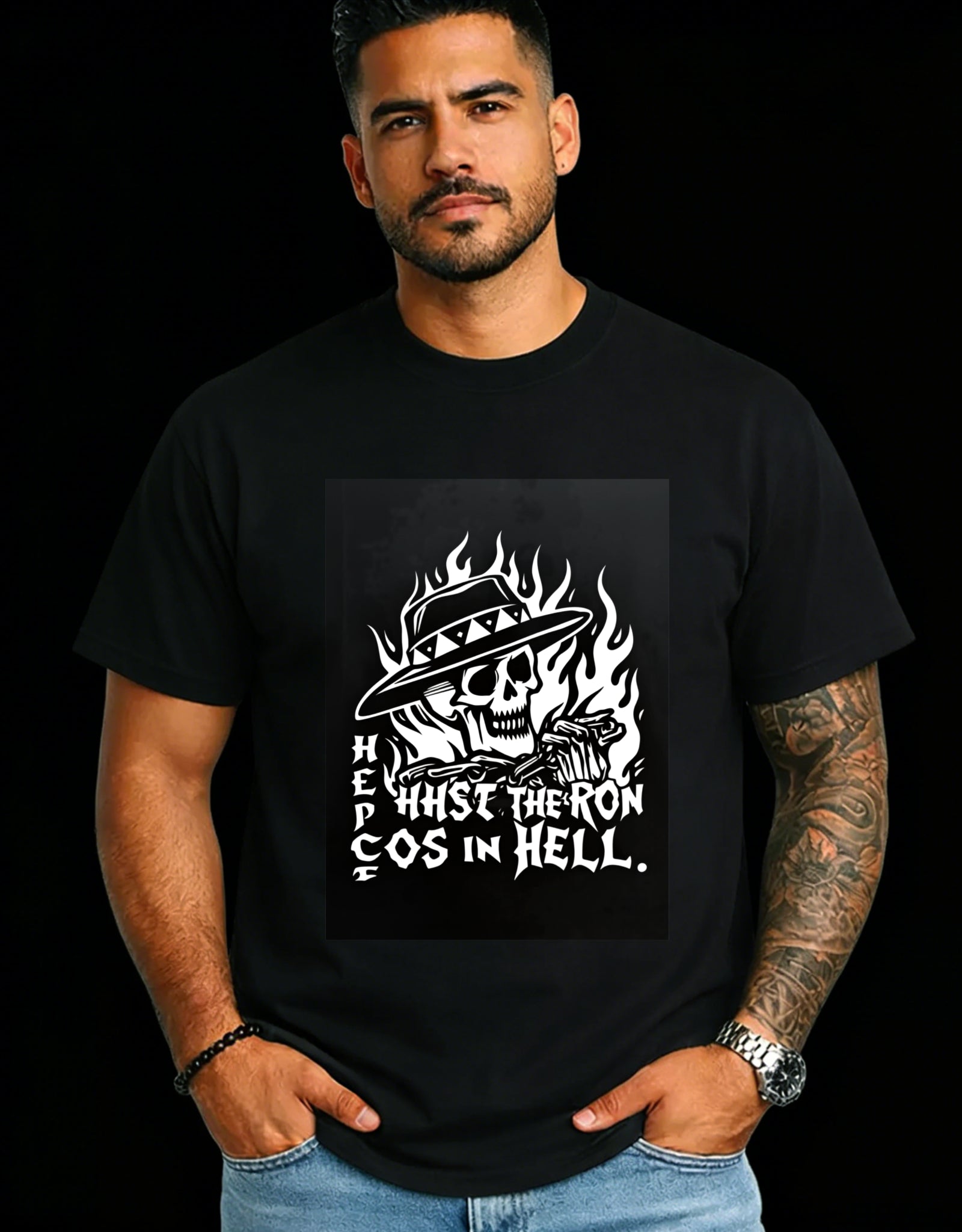 Casual Streetwear Style Men's T-Shirt Skull With Hat And Flames Design For Everyday Wear And Summer Outfits Gift For Men Who Love Biker Culture And Edgy Fashion