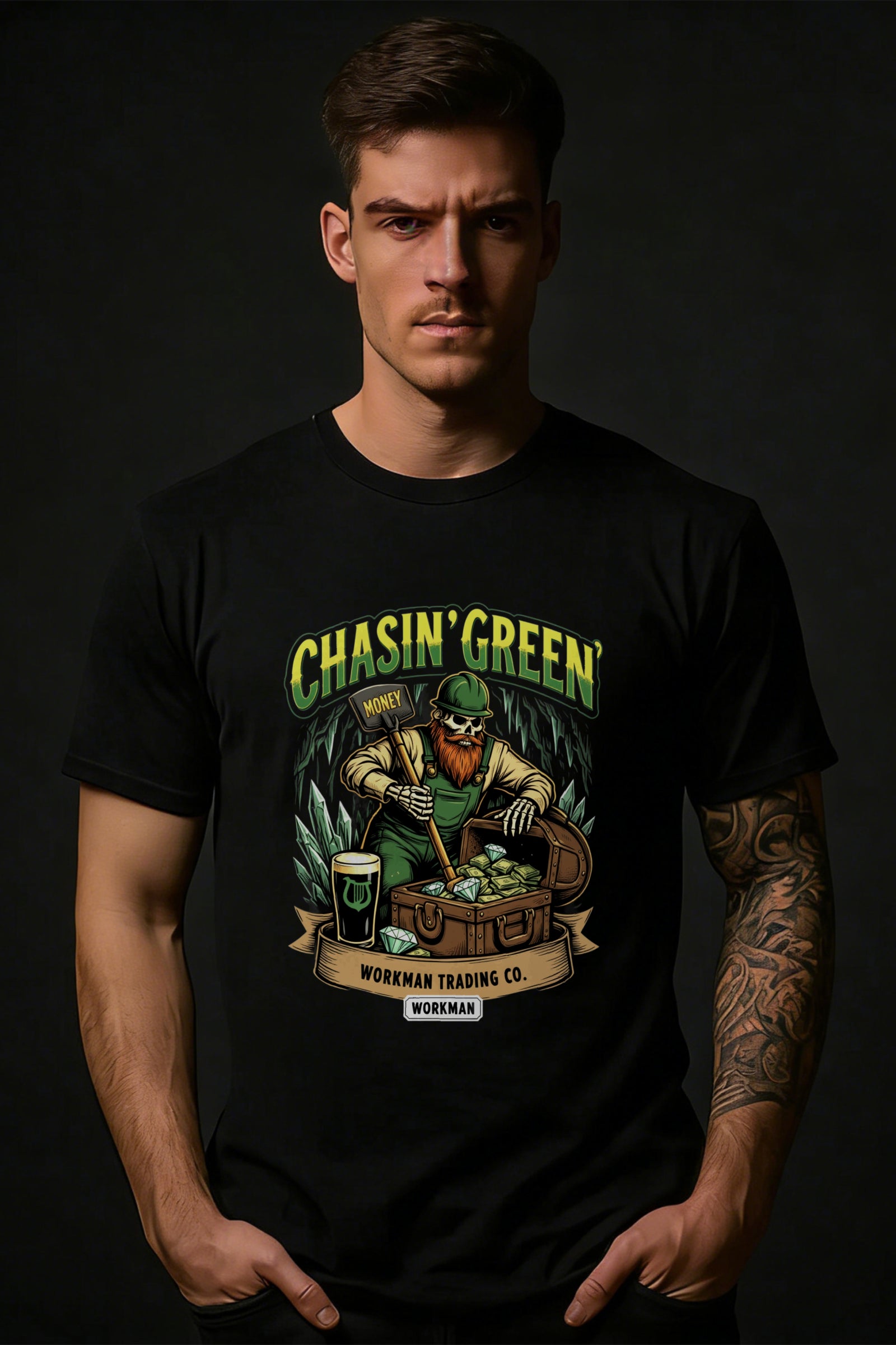 Casual Graphic Men's T-Shirt Chasin Green Leprechaun With Money And Beer Workman Trading Co Design For St Patrick's Day And Everyday Wear Perfect Gift For Him