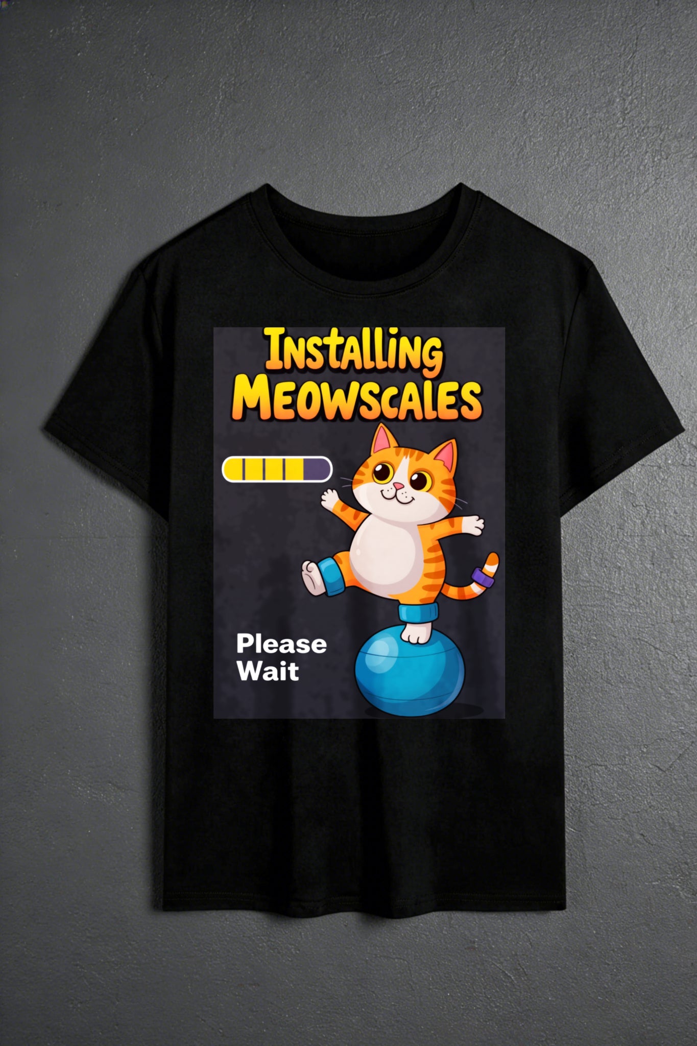 Casual Style Men's T-Shirt With Installing Meowscales Cat Graphic And Progress Bar Design For Everyday Wear In Spring And Summer Perfect Gift For Cat Lovers And Tech Enthusiasts