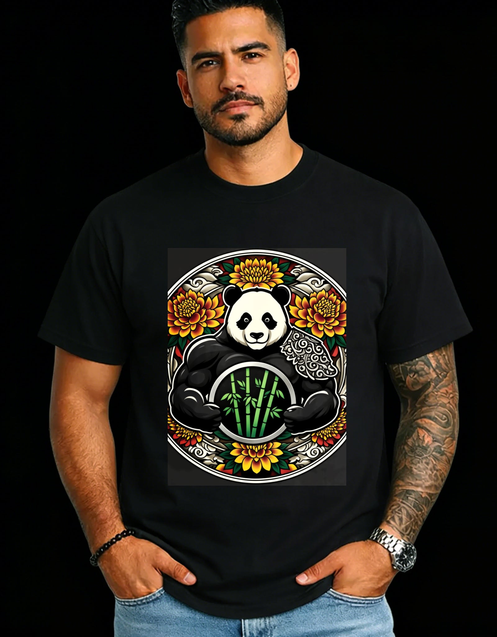 Casual Style Men's T-Shirt Panda With Bamboo And Flowers Design Summer Wear Gift For Animal Lovers