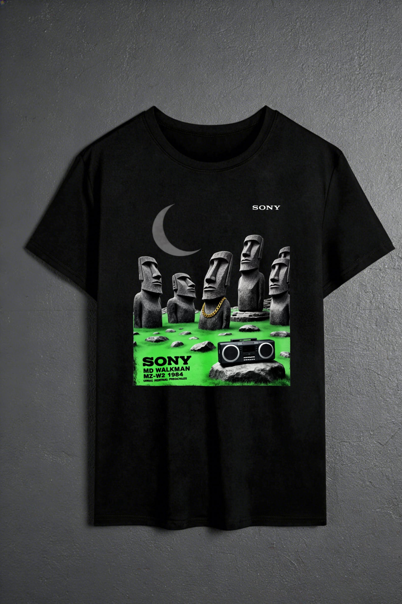 Casual Streetwear Style Men's T-Shirt Moai Statues And Sony Walkman Design Summer And Autumn Wear Gift For Music Lovers And Pop Culture Enthusiasts