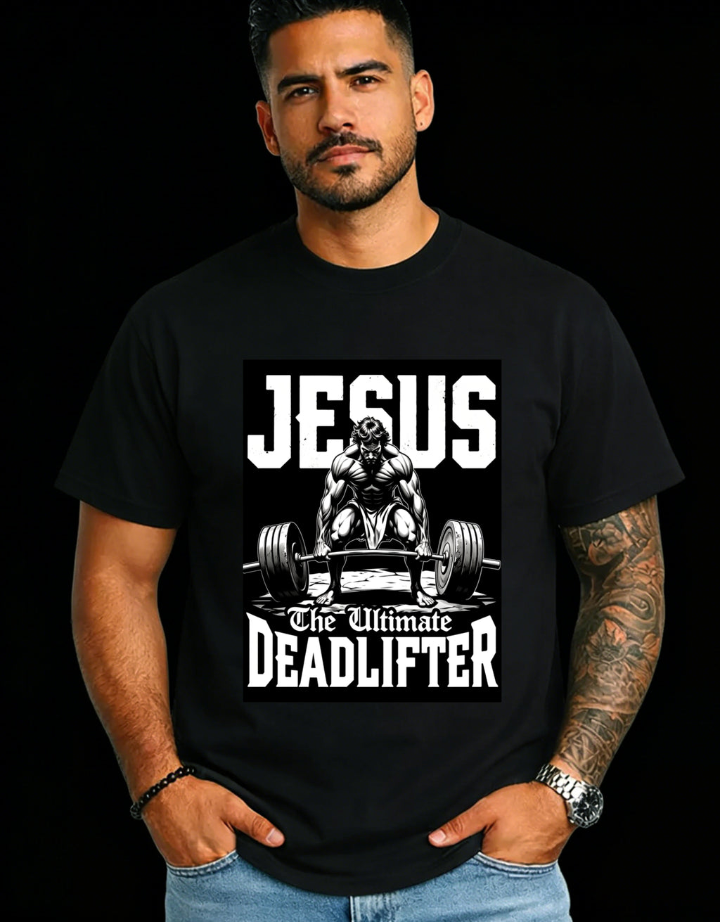 Casual Graphic Men's T-Shirt Jesus The Ultimate Deadlifter Fitness Motivation Design For Gym Workouts And Everyday Wear Perfect Gift For Fitness Enthusiasts And Bodybuilders