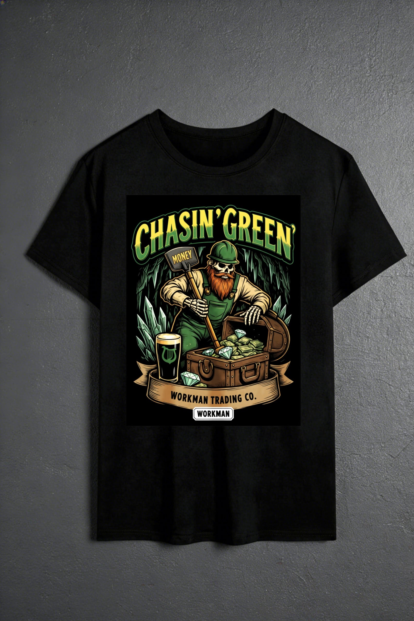 Casual Style Men's T-Shirt Chasin Green Leprechaun With Money And Treasure Chest Design For St Patrick's Day And Everyday Wear Gift For Him