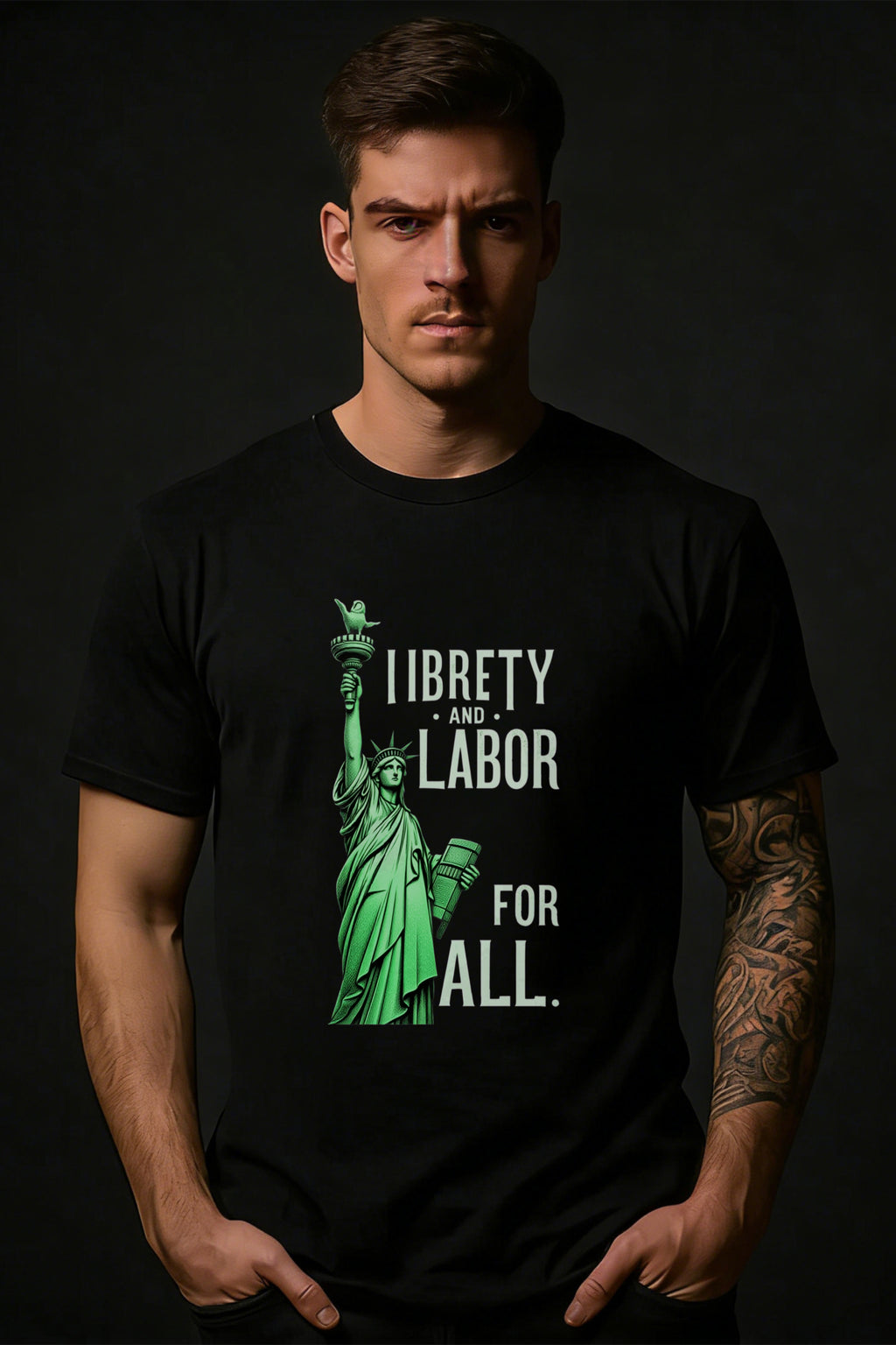 Casual Style Men's T-Shirt Statue Of Liberty And Labor For All Design Summer Wear Gift For Him