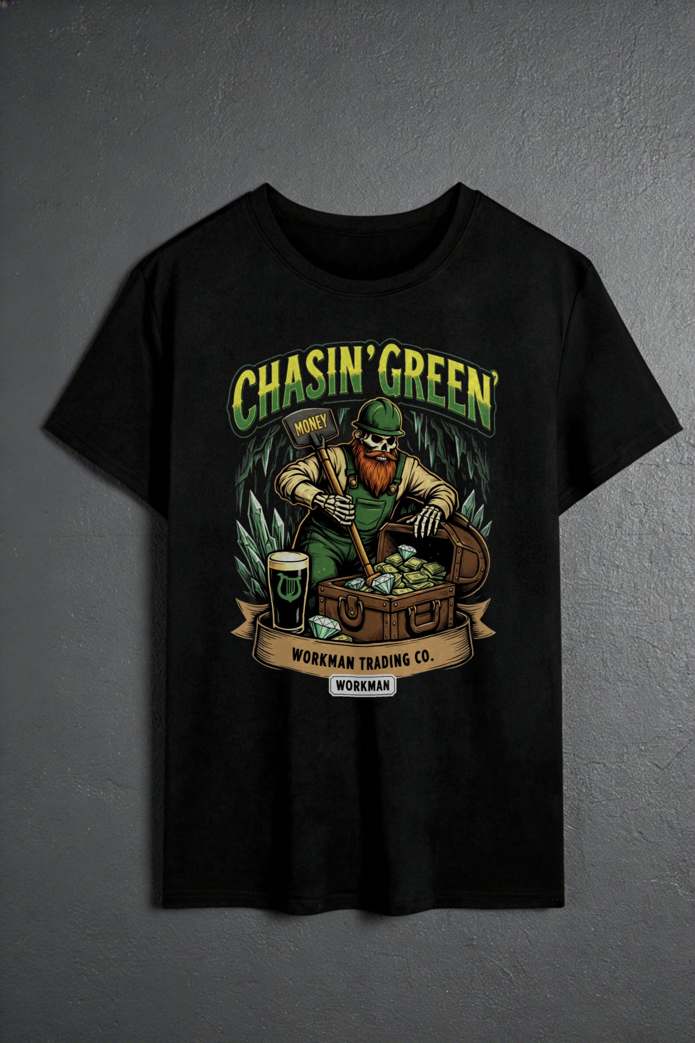 Casual Graphic Men's T-Shirt Chasin Green Leprechaun With Money And Beer Workman Trading Co Design For St Patrick's Day And Everyday Wear Perfect Gift For Him