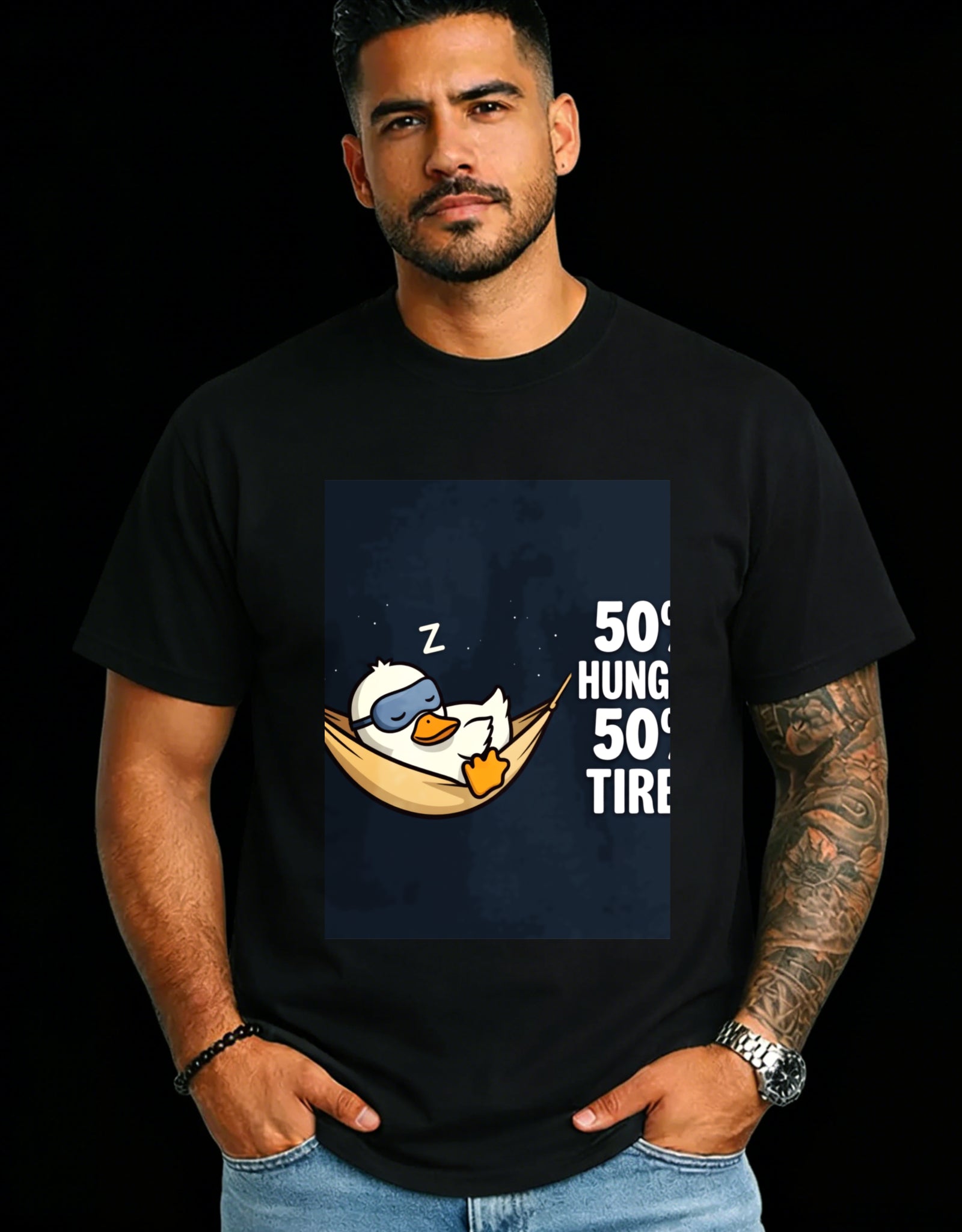 Casual Style Men's T-Shirt Duck Sleeping In Hammock With 50 Hung 50 Tire Text Summer Wear For Him Gift For Friends And Family
