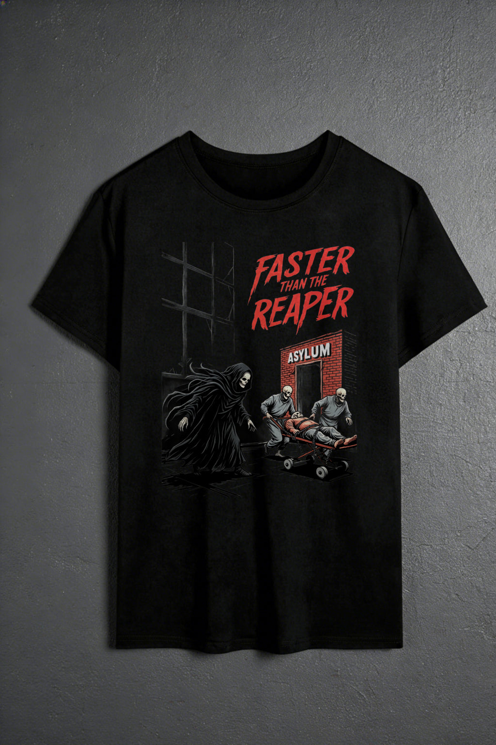 Gothic Horror Style Men's T-Shirt With Reaper And Asylum Scene Graphic Design For Casual Wear In Autumn And Winter Seasons Ideal Gift For Halloween Fans And Dark Art Enthusiasts
