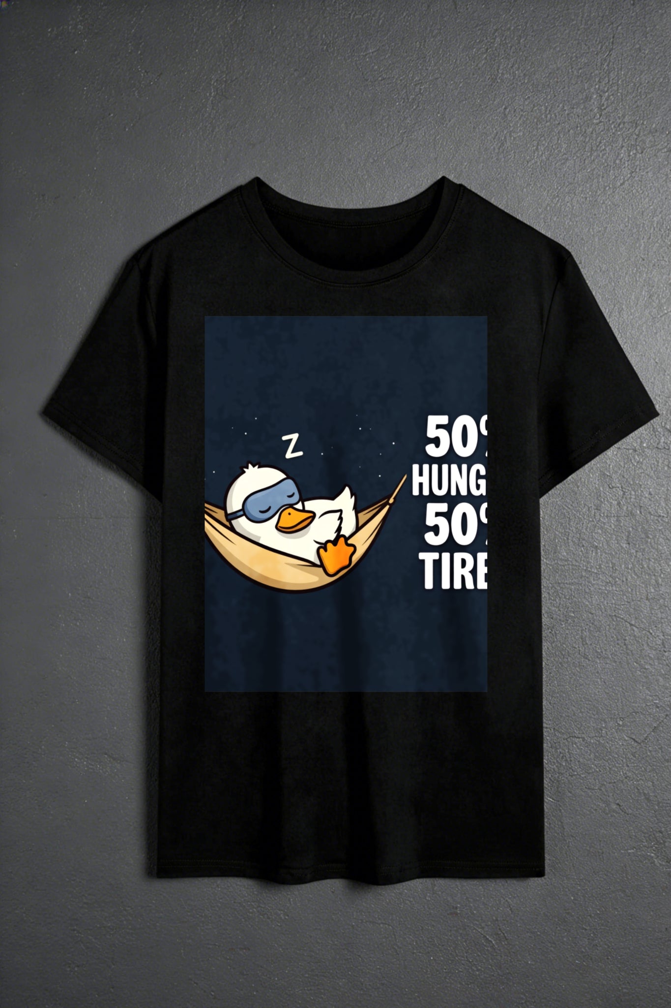 Casual Style Men's T-Shirt Duck Sleeping In Hammock With 50 Hung 50 Tire Text Summer Wear For Him Gift For Friends And Family