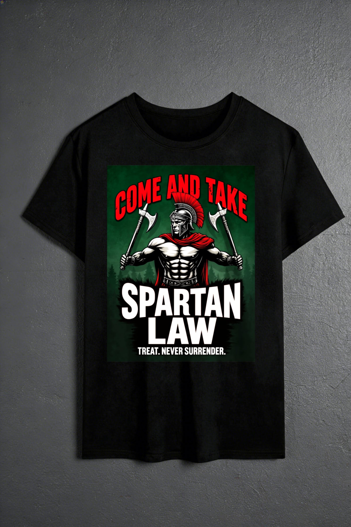 Casual Style Men's T-Shirt With Spartans Warrior Graphic And Bold Text Come And Take Sparta Law Treat Never Surrender Design For Everyday Wear And Gym Activities Perfect Gift For Fitness Enthusiasts And History Lovers