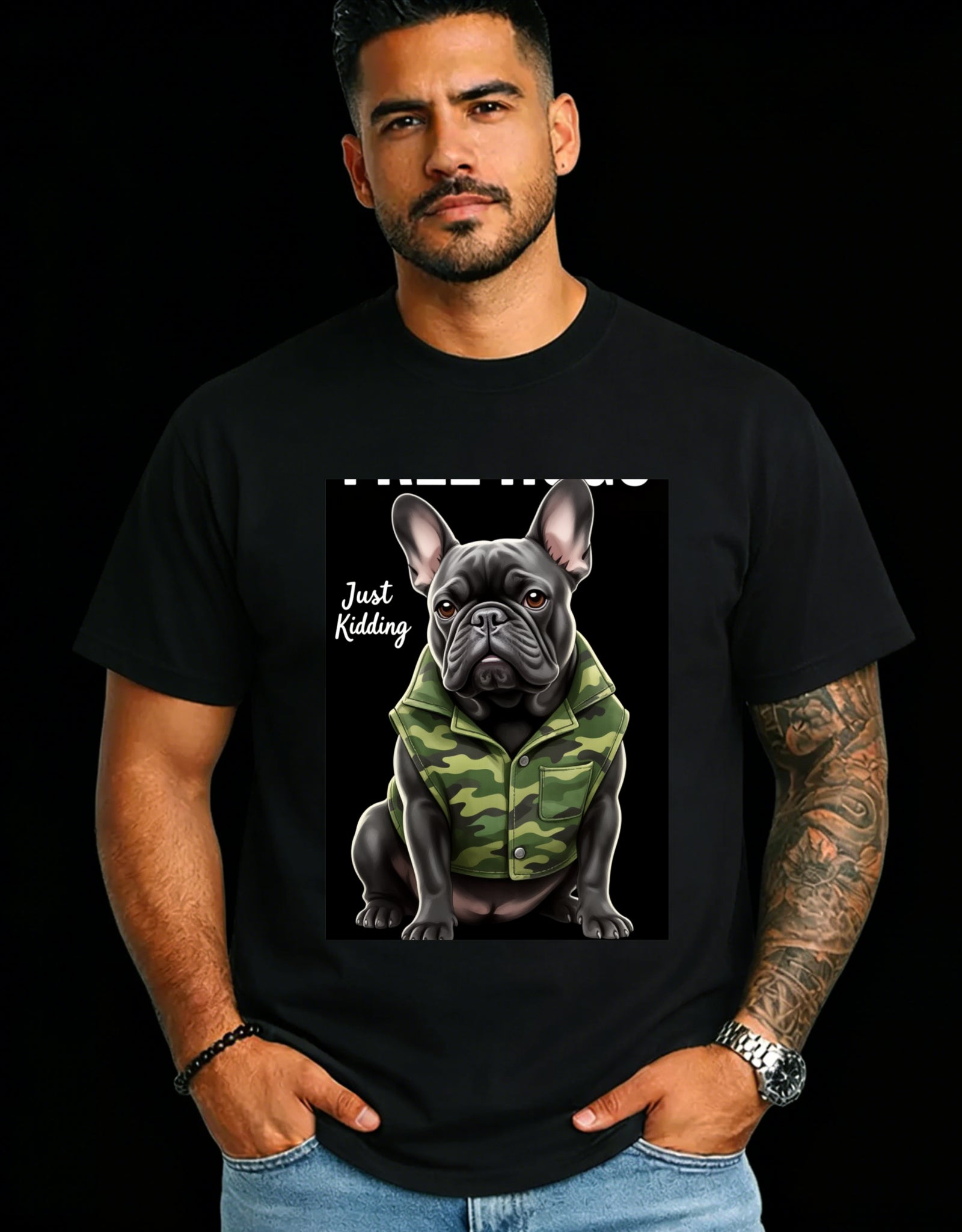 Casual Style Men's T-Shirt French Bulldog With Camouflage Vest Just Kidding Text Summer And Spring Wear For Dog Lovers And Pet Enthusiasts