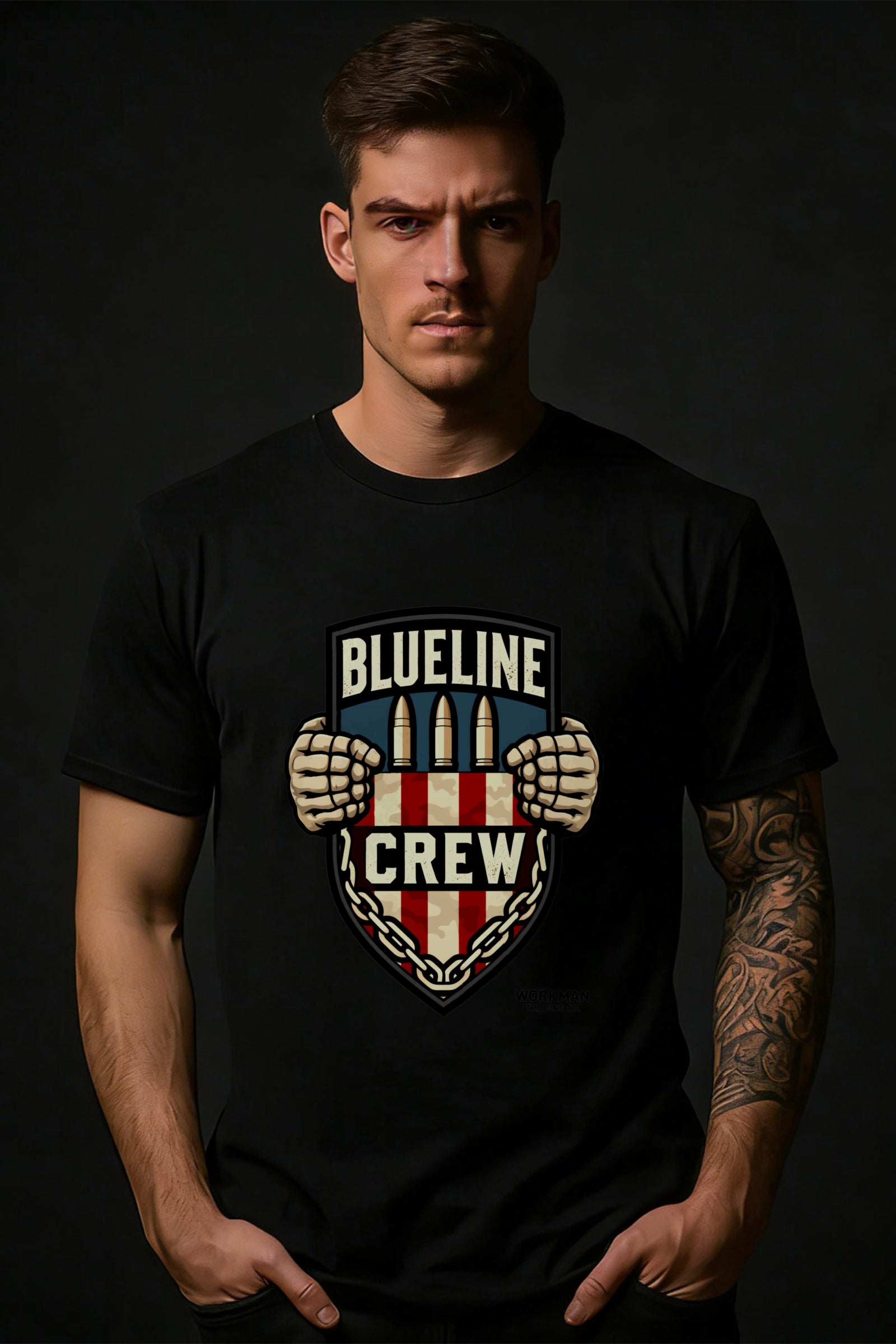 Casual Streetwear Style Men's T-Shirt Blueline Crew Shield Design With American Flag And Chains Graphic Summer And Fall Wear For Men Who Love Bold Fashion Statements Gift For Him Friends Or Brothers