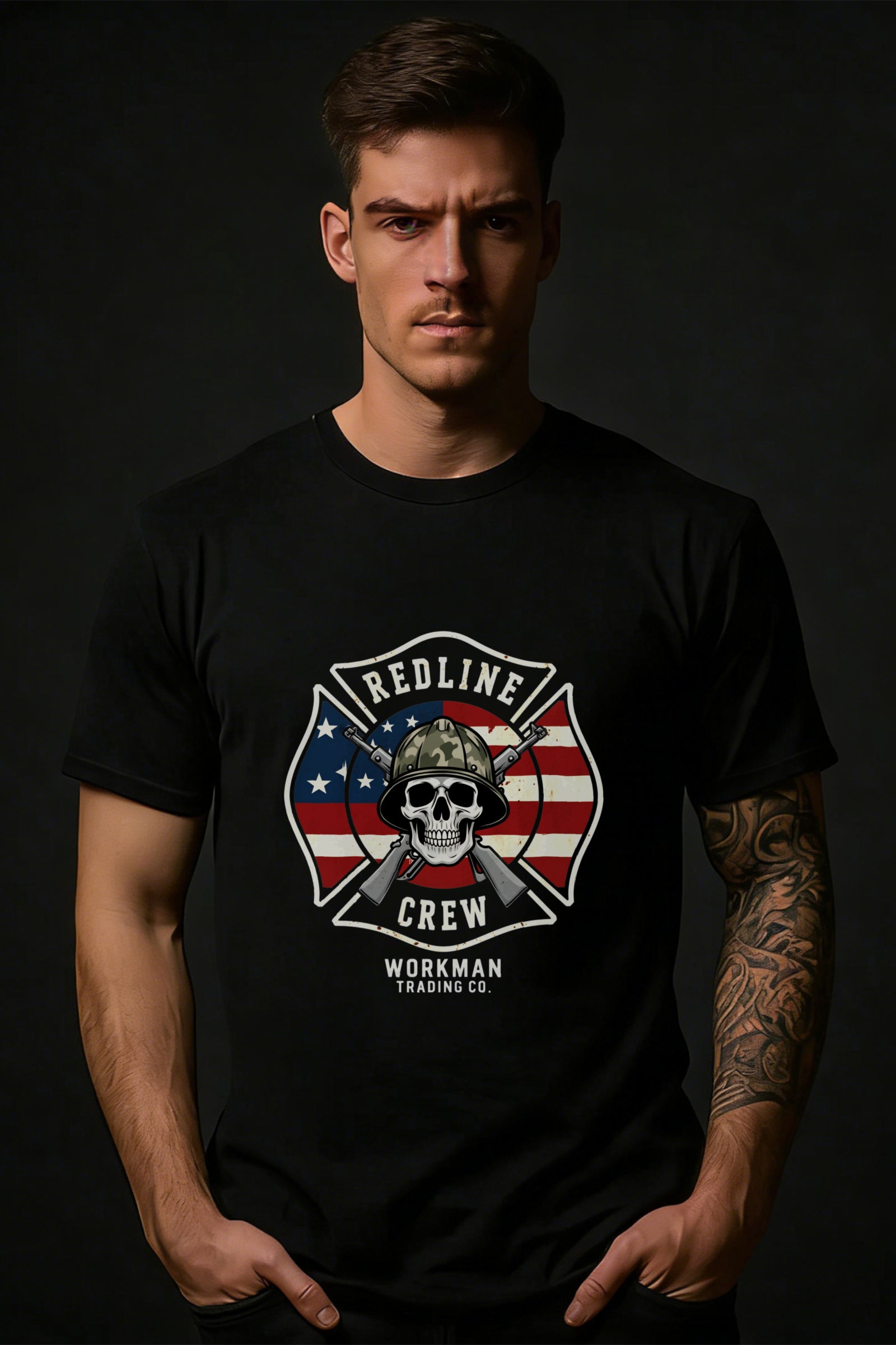 American Flag Skull Design Men's T-Shirt Redline Crew Workman Trading Co Graphic Tee Casual Wear For Everyday Use And Outdoor Activities Perfect Gift For Him Friends And Family Members Who Love Bold Streetwear Styles