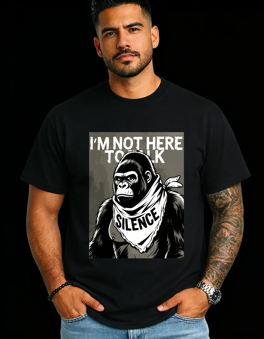 Casual Streetwear Style Men's T-Shirt Featuring A Monkey With Bandana And Text I'M NOT HERE TO TALK SILENCE Graphic Design Perfect For Everyday Wear In Spring And Summer Ideal Gift For Him Who Loves Bold Statements And Unique Fashion
