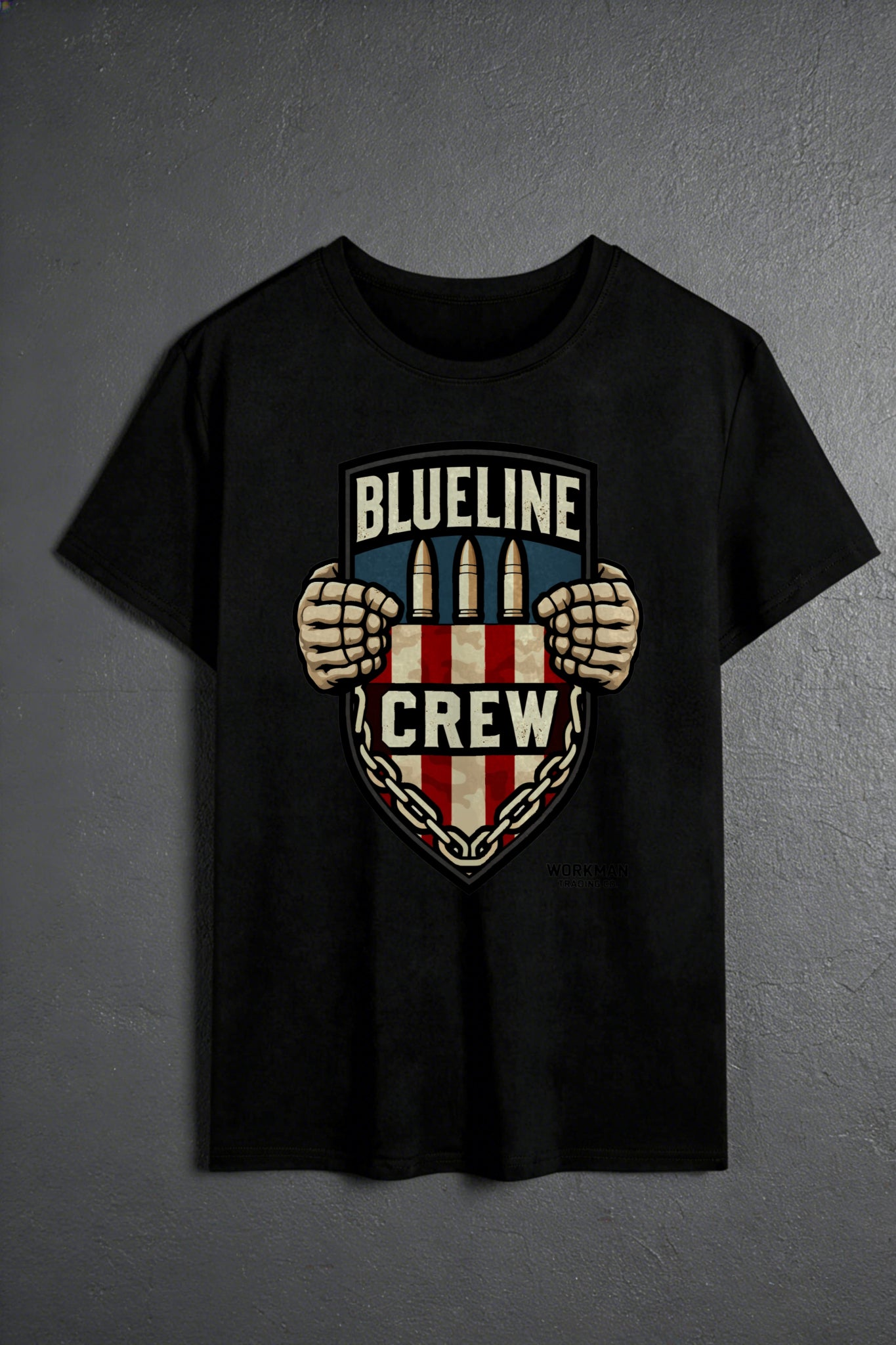 Casual Streetwear Style Men's T-Shirt Blueline Crew Shield Design With American Flag And Chains Graphic Summer And Fall Wear For Men Who Love Bold Fashion Statements Gift For Him Friends Or Brothers