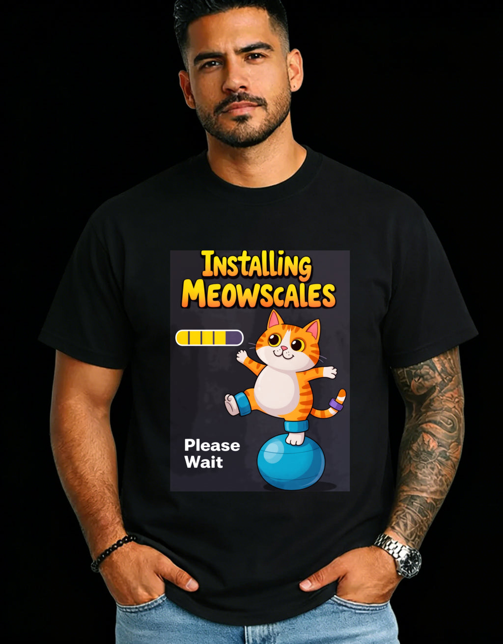 Casual Style Men's T-Shirt With Installing Meowscales Cat Graphic And Progress Bar Design For Everyday Wear In Spring And Summer Perfect Gift For Cat Lovers And Tech Enthusiasts