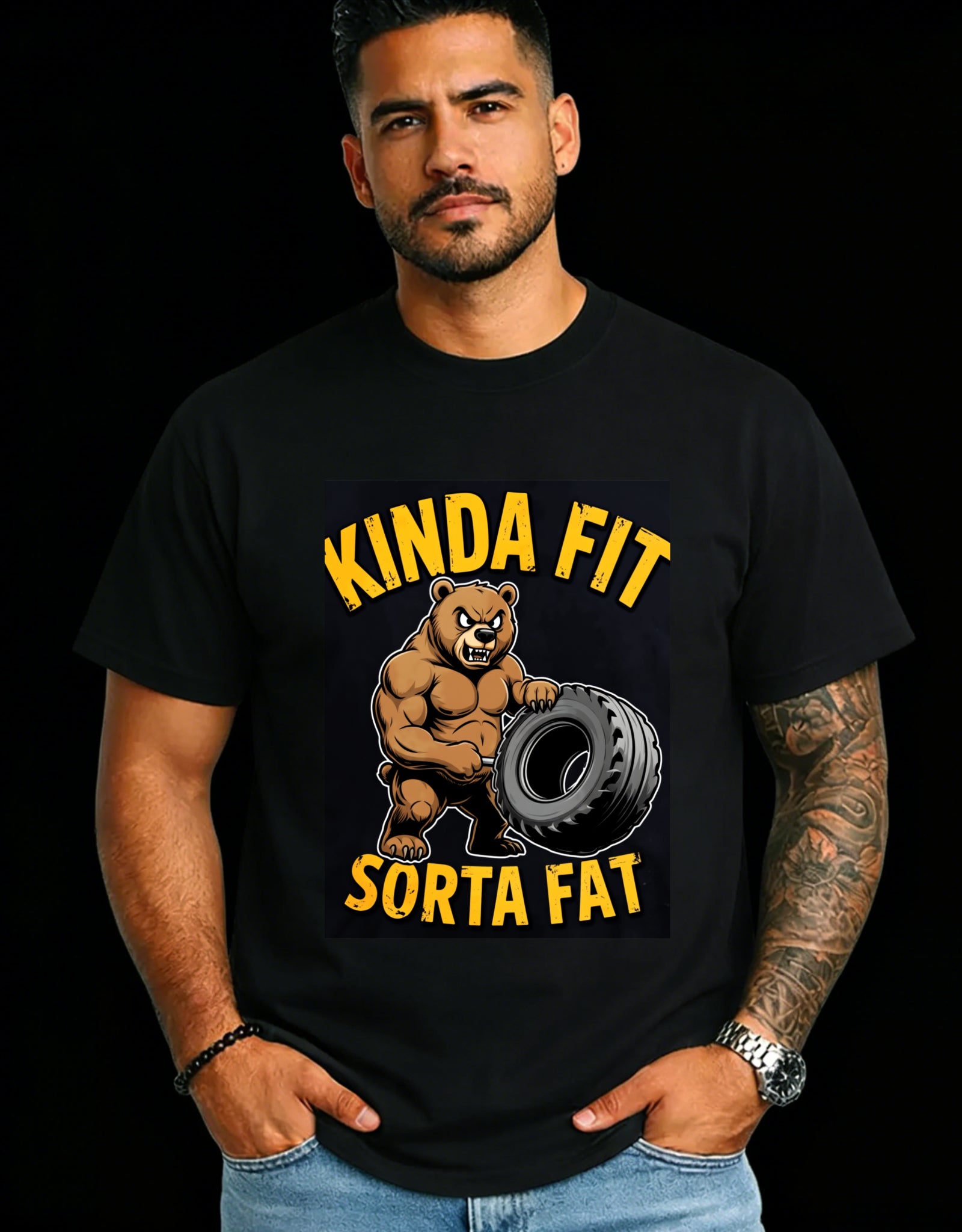 Casual Style Men's T-Shirt Kinda Fit Sorta Fat Bear With Tire Graphic Summer And Fall Wear Gift For Fitness Enthusiasts And Humor Lovers