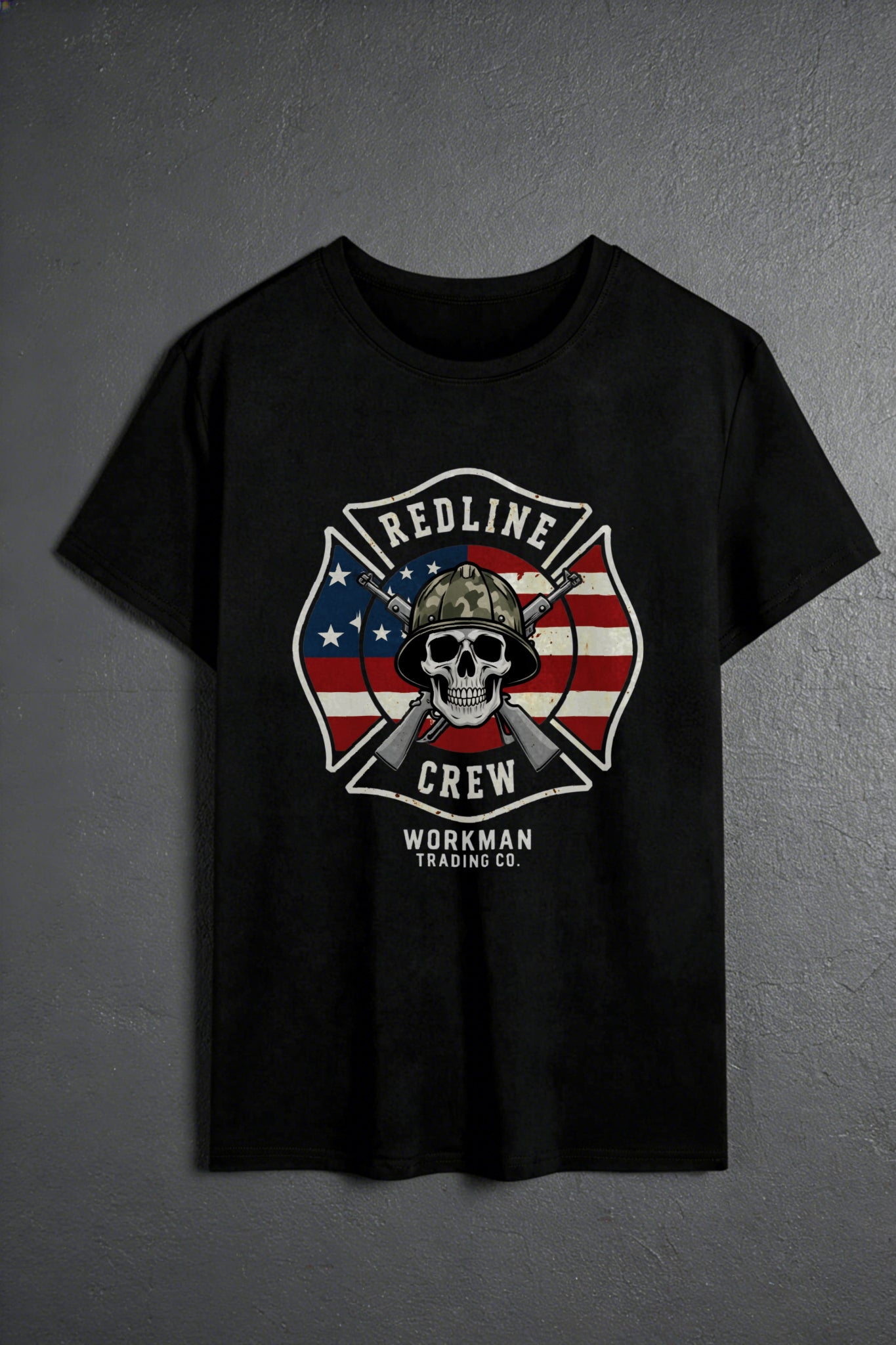 American Flag Skull Design Men's T-Shirt Redline Crew Workman Trading Co Graphic Tee Casual Wear For Everyday Use And Outdoor Activities Perfect Gift For Him Friends And Family Members Who Love Bold Streetwear Styles